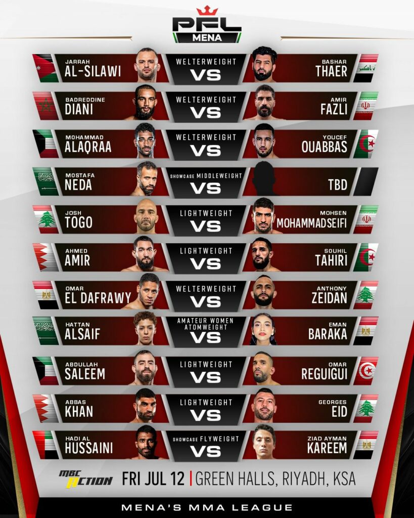 رابطة المقاتلين المحترفين (PFL) تواصل “موسم الشرق الأوسط وشمال أفريقيا” 12 يوليو في الرياض بمنافسات “المتوسط والخفيف”