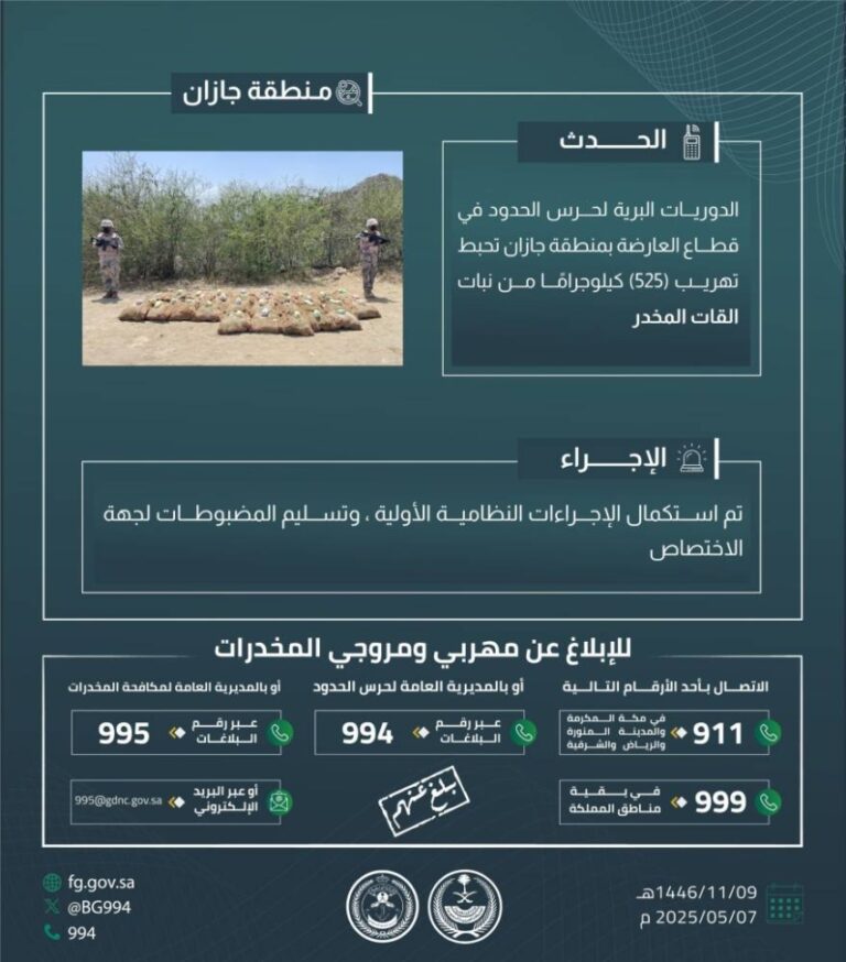 حرس-الحدود-بجازان-يحبط-تهريب-525-كلجم-من-نبات-القات-المخدر