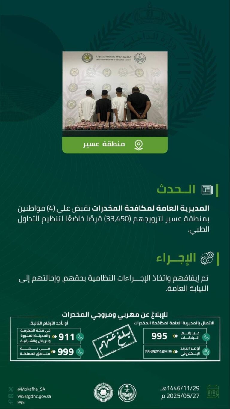 مكافحة-المخدرات-تقبض-على-4-أشخاص-بعسير-لترويجهم-33,450-قرصًا-خاضعًا-لتنظيم-التداول-الطبي