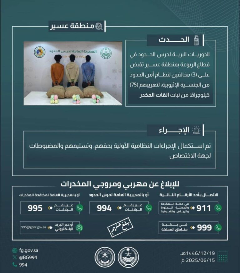 حرس-الحدود-بعسير-يقبض-على-3-مخالفين-لنظام-أمن-الحدود-لتهريبهم-75-كيلوجرامًا-من-نبات-القات-المخدر