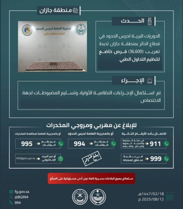 احباط-تهريب-36,600-قرص-خاضع-لتنظيم-التداول-الطبي-بجازان