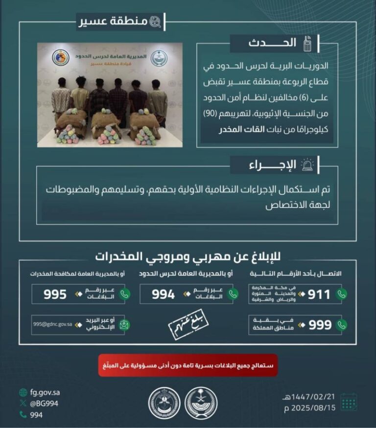 القبض-على-6-مخالفين-بعسير-لتهريبهم-90-كلجم-من-نبات-القات