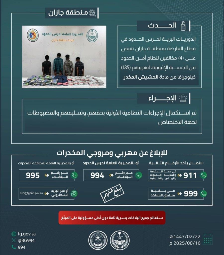 القبض-على-(4)-مخالفين-لتهريبهم-(185)-كجم-من-الحشيش-بـالعارضة