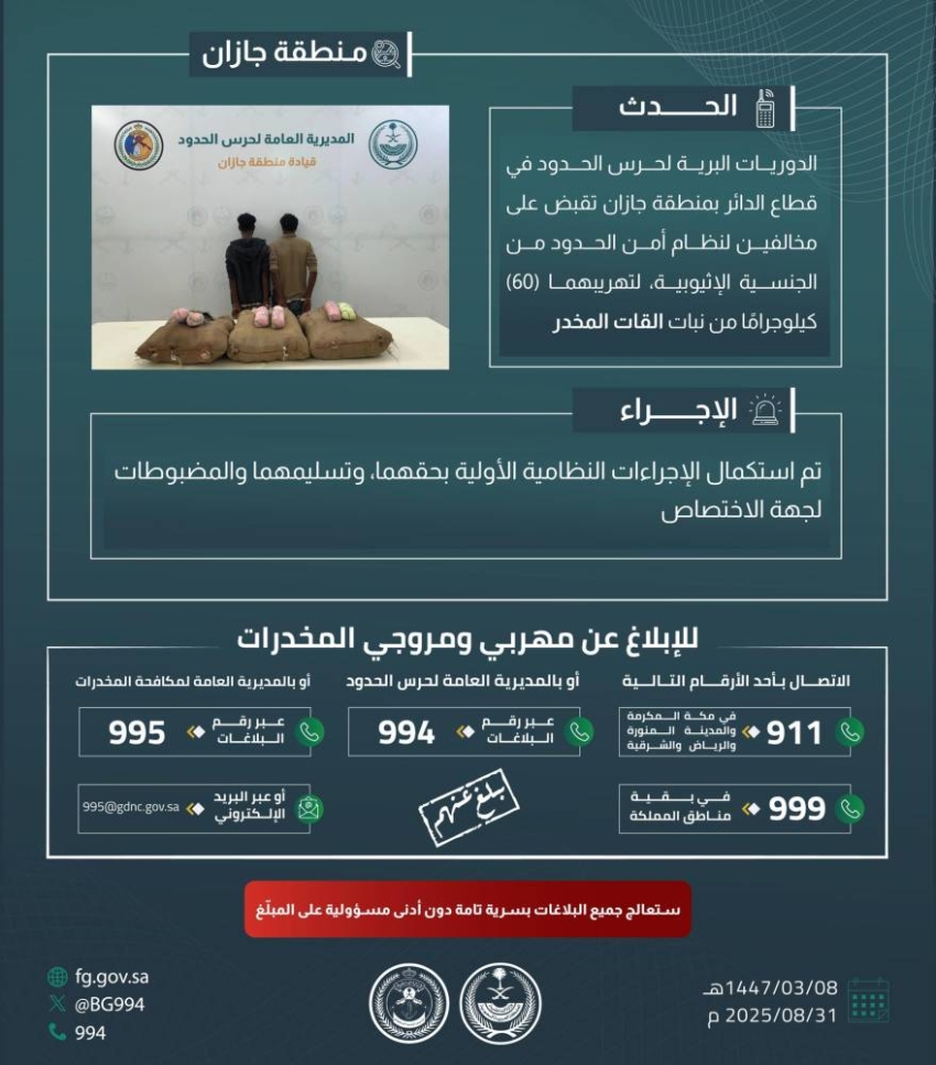حرس-الحدود-بجازان-يقبض-على-مخالفين-لنظام-أمن-الحدود-لتهريبهما-60-كيلوجرامًا-من-نبات-القات-المخدر