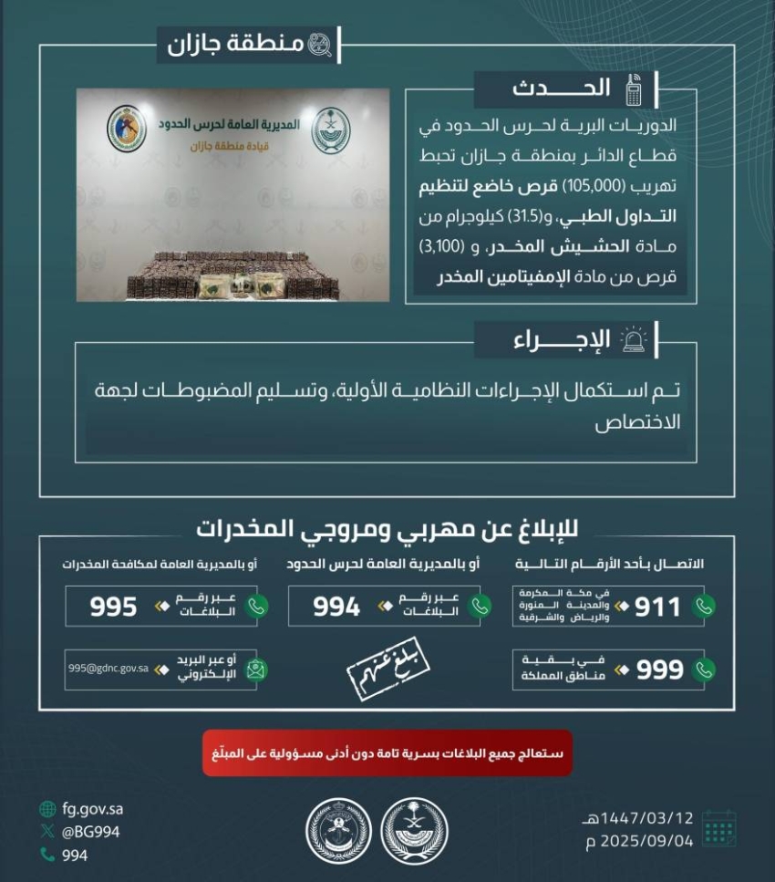 إحباط-تهريب-105,000-قرص-خاضع-لتنظيم-التداول-الطبي-و31.5-كلجم-من-الحشيش-بجازان