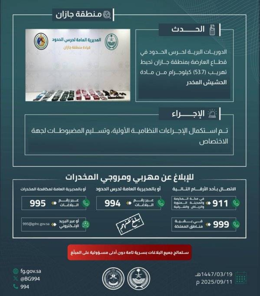 احباط-تهريب-53.7-كلجم-من-مادة-الحشيش-بمنطقة-جازان