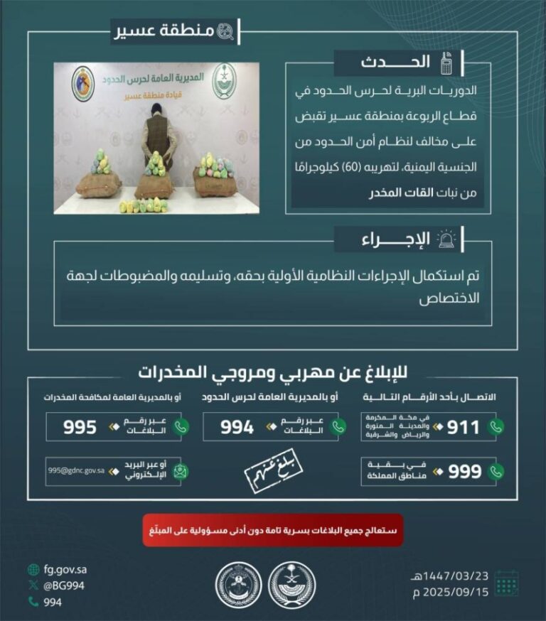 القبض-على-مخالف-لنظام-أمن-الحدود-بعسير-لتهريبه-60-كيلوجرامًا-من-نبات-القات-المخدر