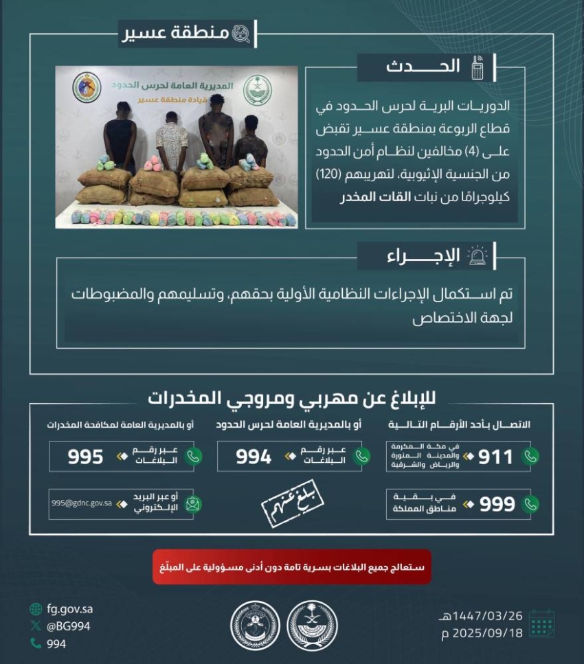 القبض-على-4-مخالفين-لنظام-أمن-الحدود-بعسير-لتهريبهم-120-كيلوجرامًا-من-نبات-القات-المخدر