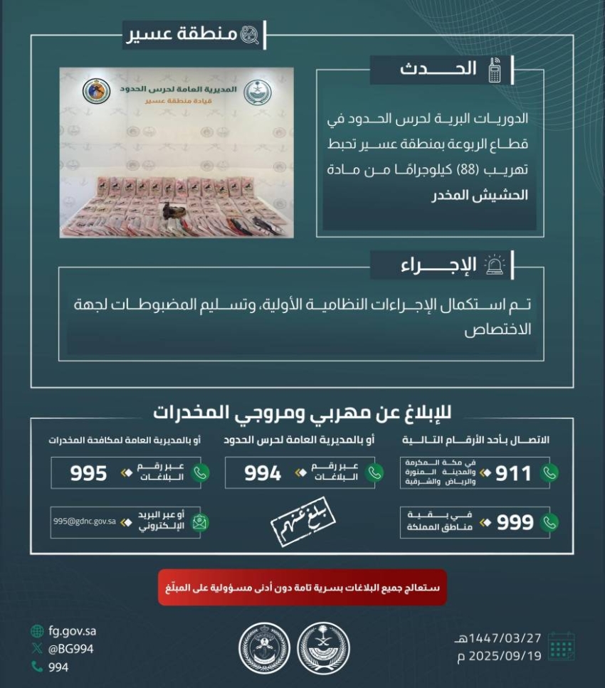 احباط-تهريب-88-كجم-من-مادة-الحشيش-بعسير