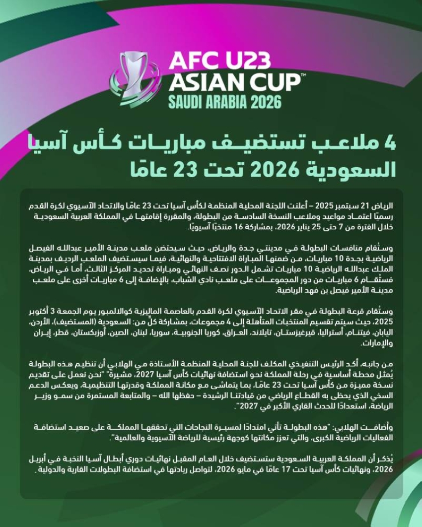 4-ملاعب-تستضيف-منافسات-كأس-آسيا-تحت-23-عاماً-السعودية-2026