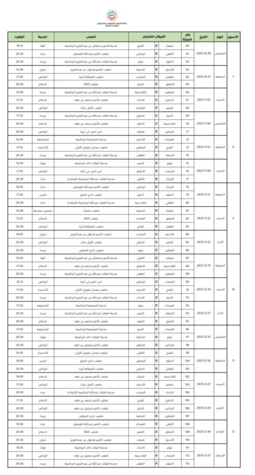 دوري-روشن:-تحديد-مواعيد-مباريات-الجولات-من-الـ(7)-وحتى-الـ(12)