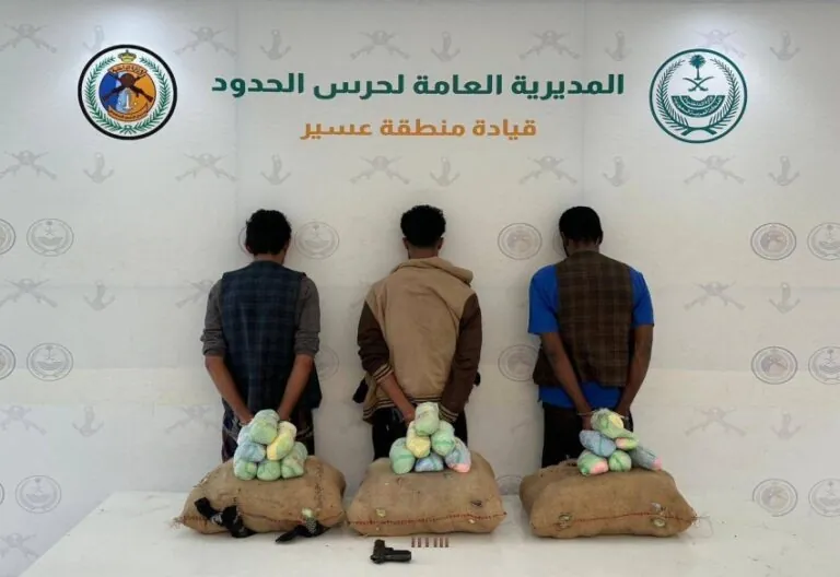 حرس-الحدود-بعسير-يقبض-على-(3)-مخالفين-لتهريبهم-(60)-كيلوجرامًا-من-القات-المخدر