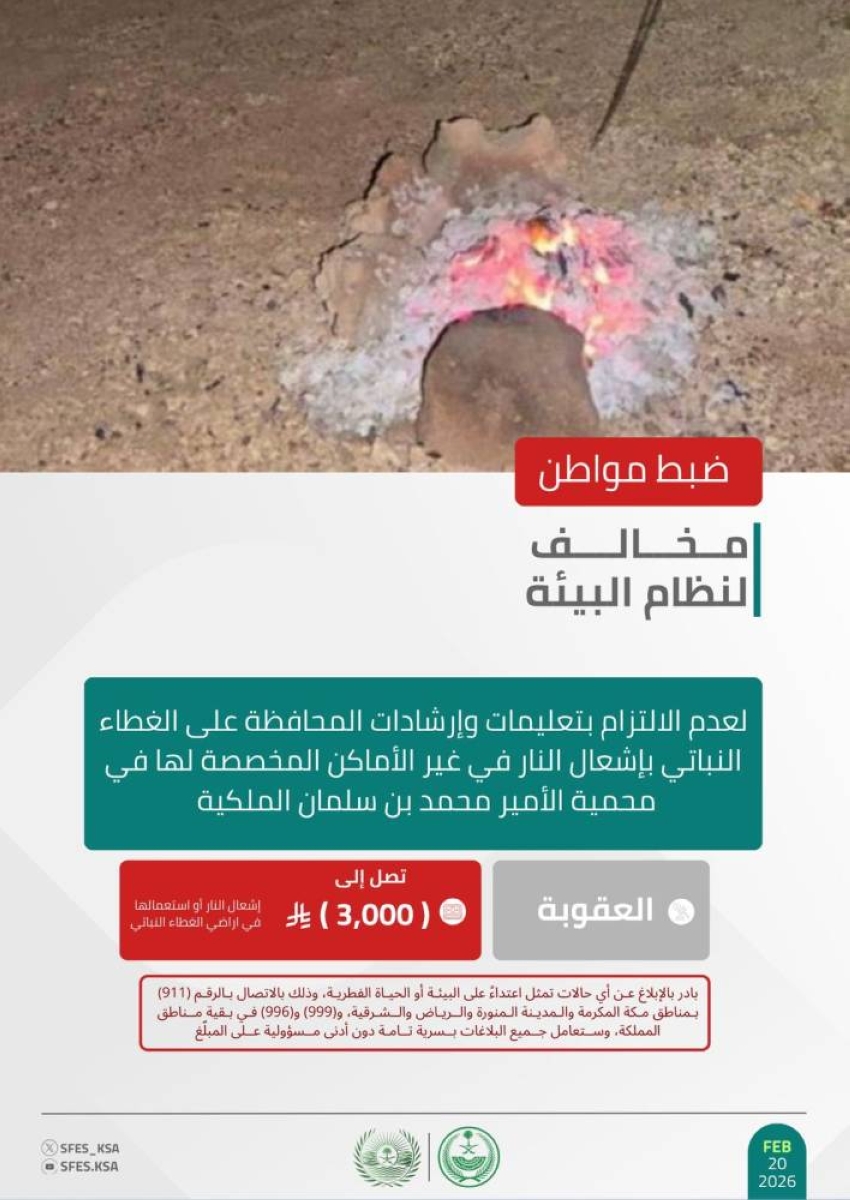 الأمن البيئي يضبط مواطنًا أشعل النار في غير الأماكن المخصّصة لها بمحمية الأمير محمد بن سلمان