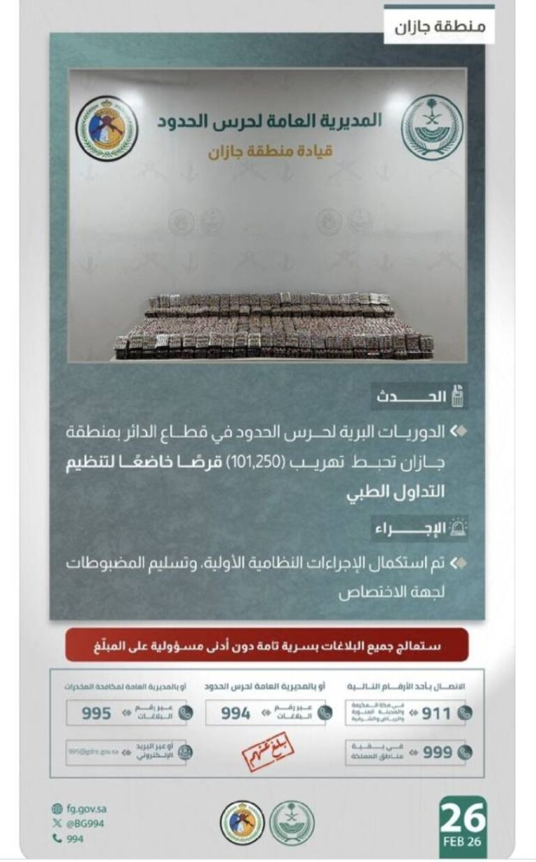 حرس-الحدود-بجازان-يحبط-تهريب-(101,250)-قرصًا-خاضعًا-لتنظيم-التداول-الطبي