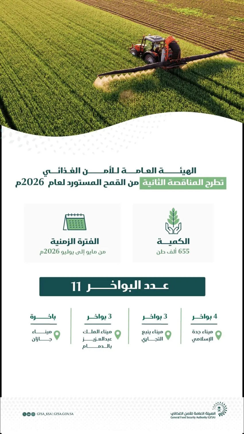 هيئة الأمن الغذائي تطرح المناقصة الثانية لاستيراد 655 ألف طن قمح