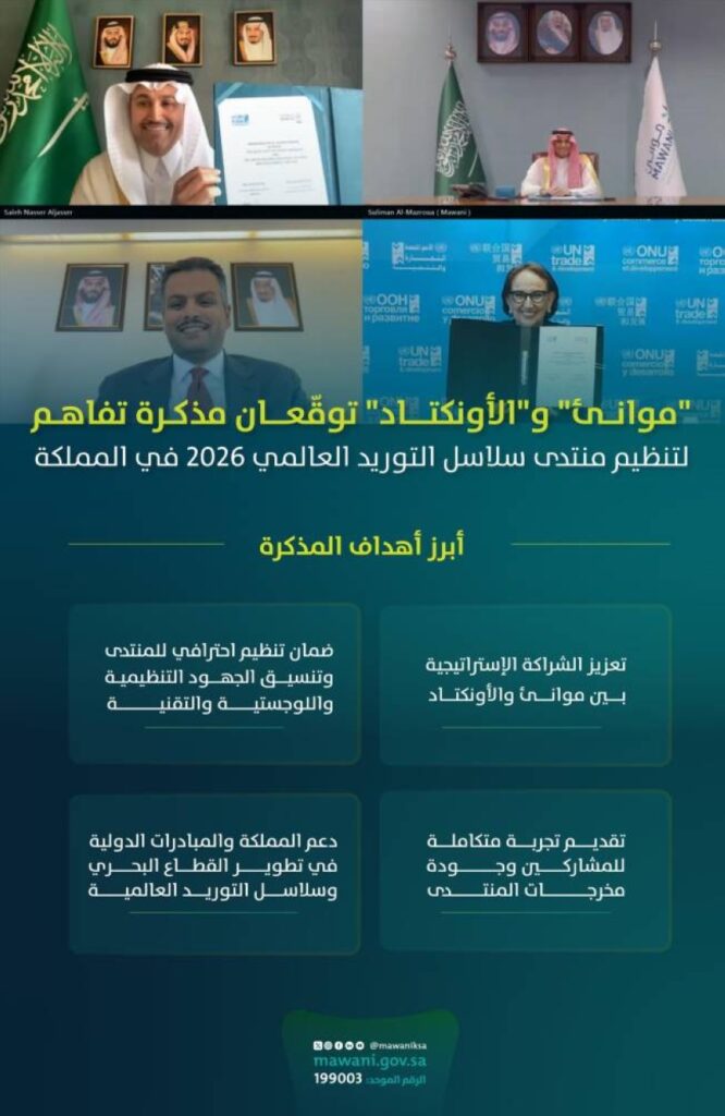 موانئ والأونكتاد توقّعان مذكرة تفاهم لتنظيم منتدى سلاسل التوريد العالمي 2026 في المملكة