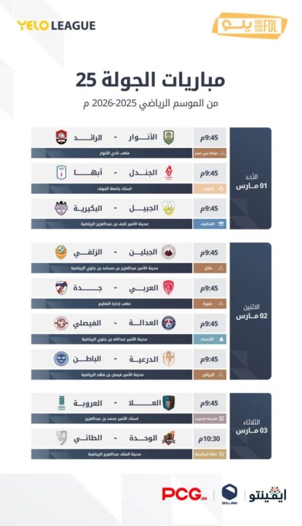 دوري يلو: قمة بين العُلا والعروبة في الجولة (25)