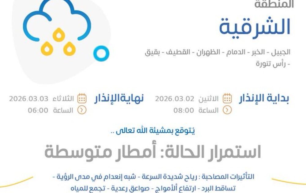 عاجل “الأرصاد” ينبه من أمطار على الشرقية اليوم الثلاثاء.. الموعد والأماكن