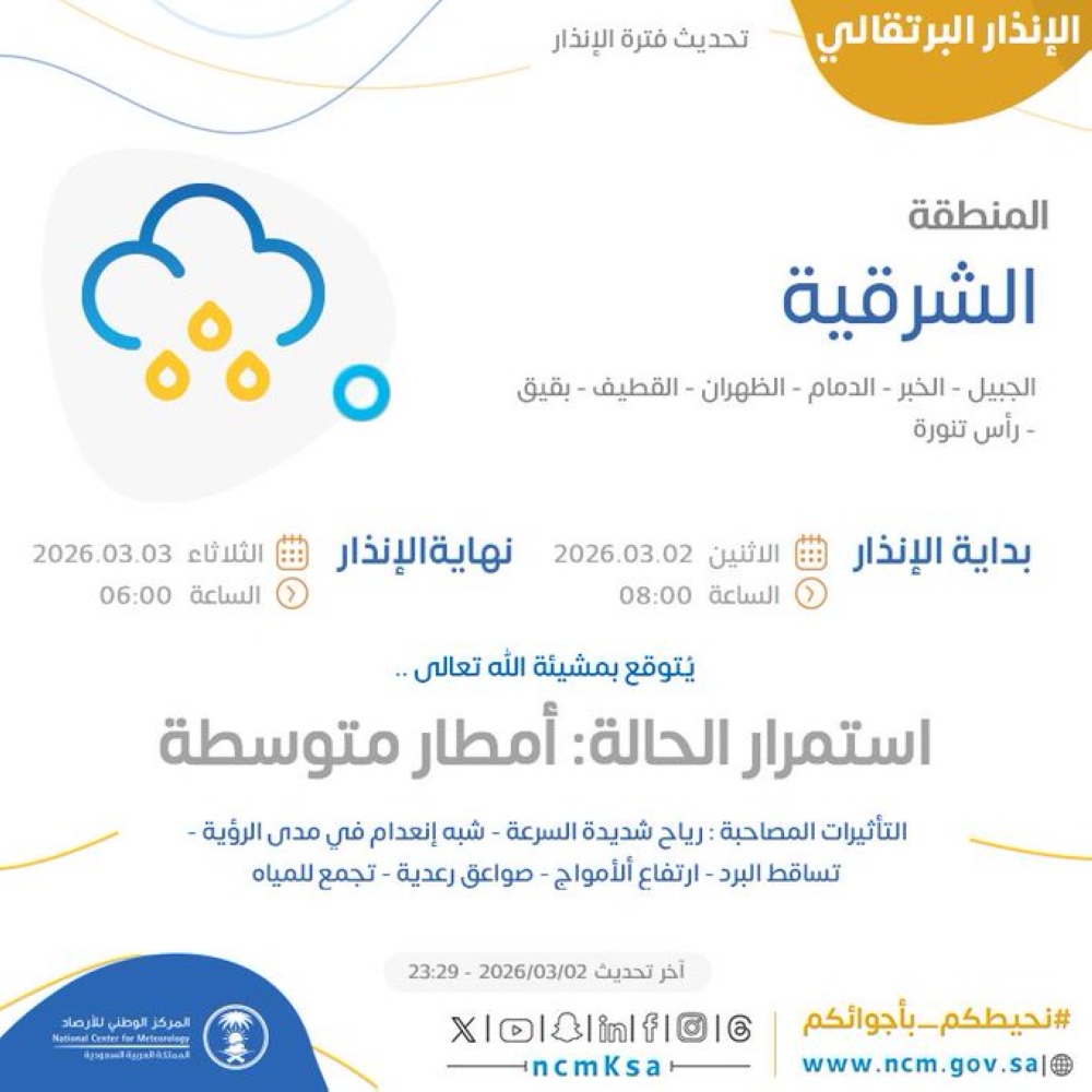 عاجل “الأرصاد” ينبه من أمطار على الشرقية اليوم الثلاثاء.. الموعد والأماكن