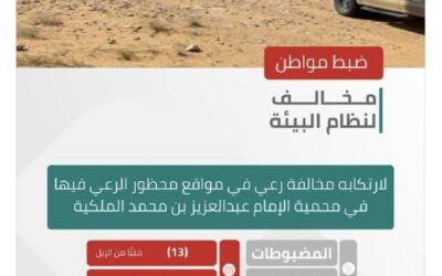 الأمن البيئي يضبط مواطنًا لارتكابه مخالفة رعي في محمية الإمام عبدالعزيز بن محمد الملكية