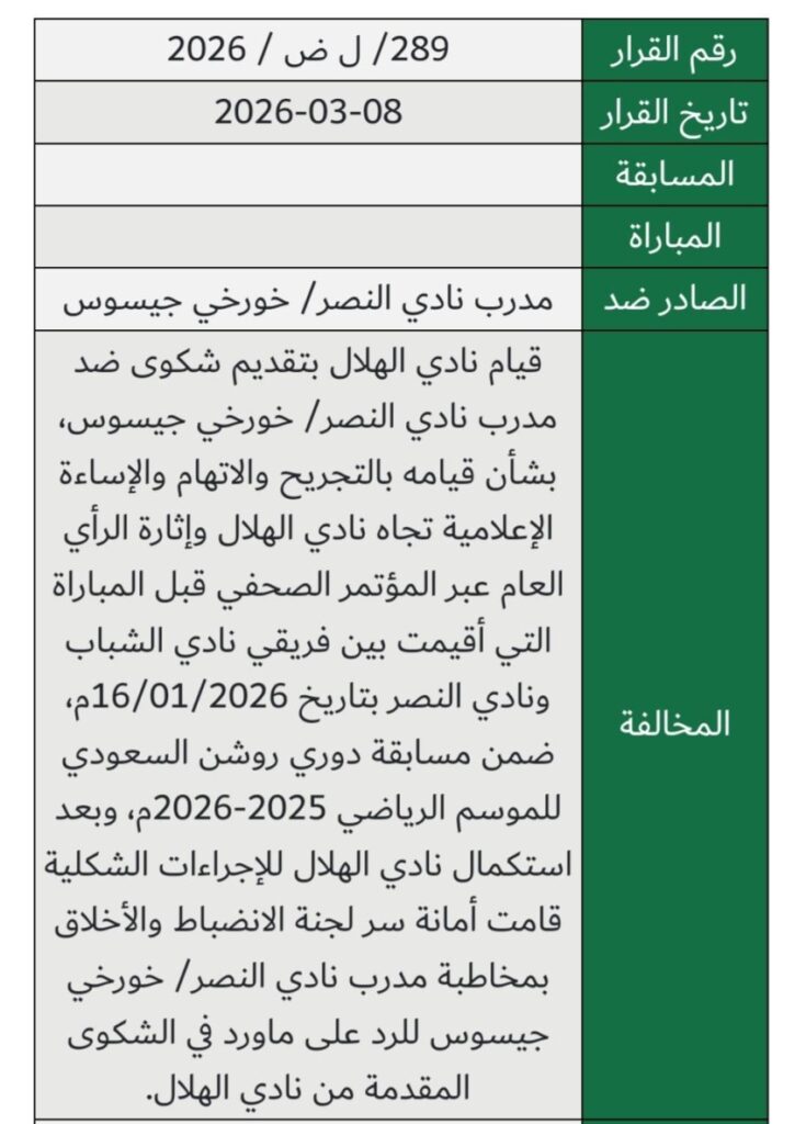 تغريم مدرب النصر جيسوس 50 ألف ريال لإساءته لنادي الهلال