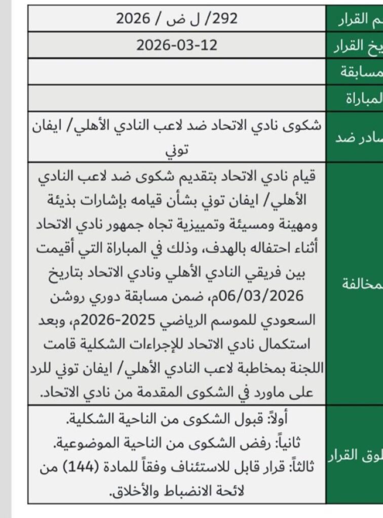 الانضباط ترفض شكوى الاتحاد ضد لاعب الاهلي توني