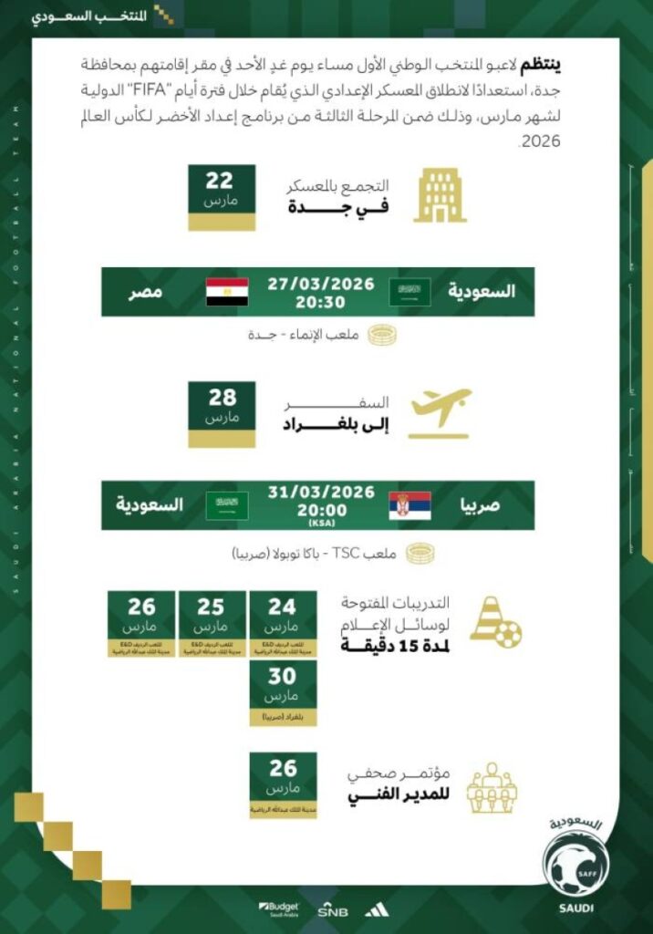 الأخضر يُدشّن معسكره في جدة.. الأحد