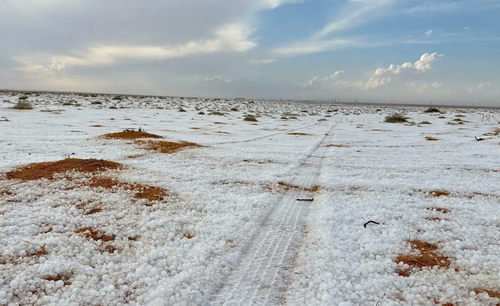 في مشهد جذاب.. سهول الجوف تكتسي بالأبيض عقب هطول زخات البرد