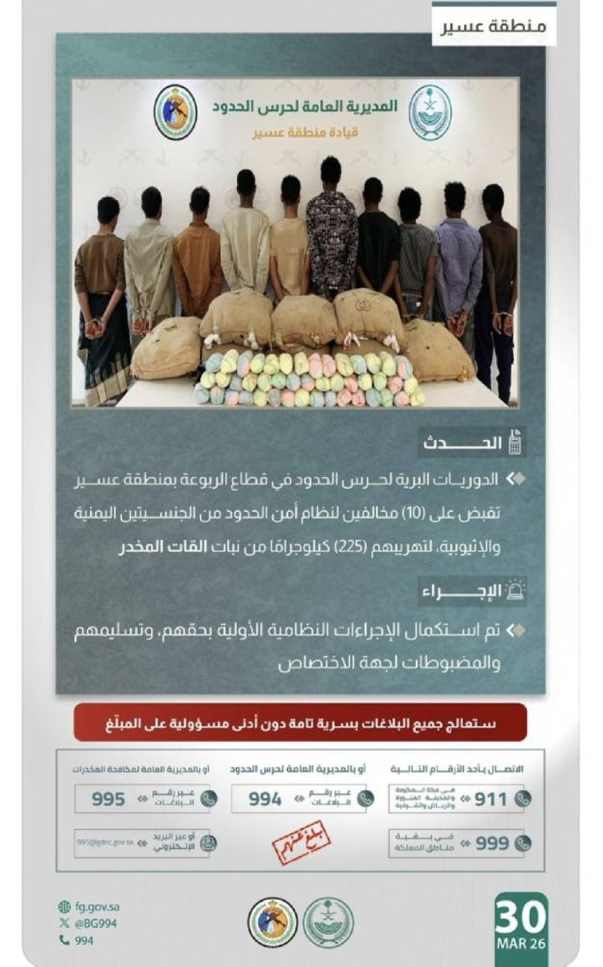 القبض-على-(10)-مخالفين-لتهريبهم-(225)-كيلوجرامًا-من-القات-المخدر