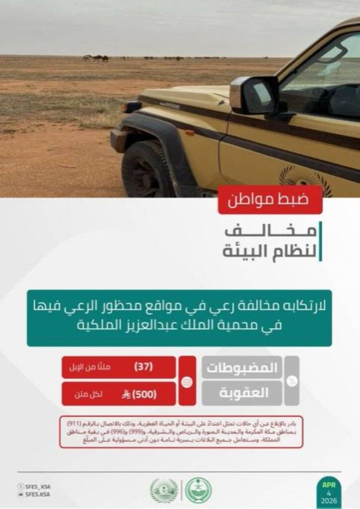 الأمن البيئي يضبط مواطنًا لارتكابه مخالفة رعي في محمية الملك عبدالعزيز الملكية