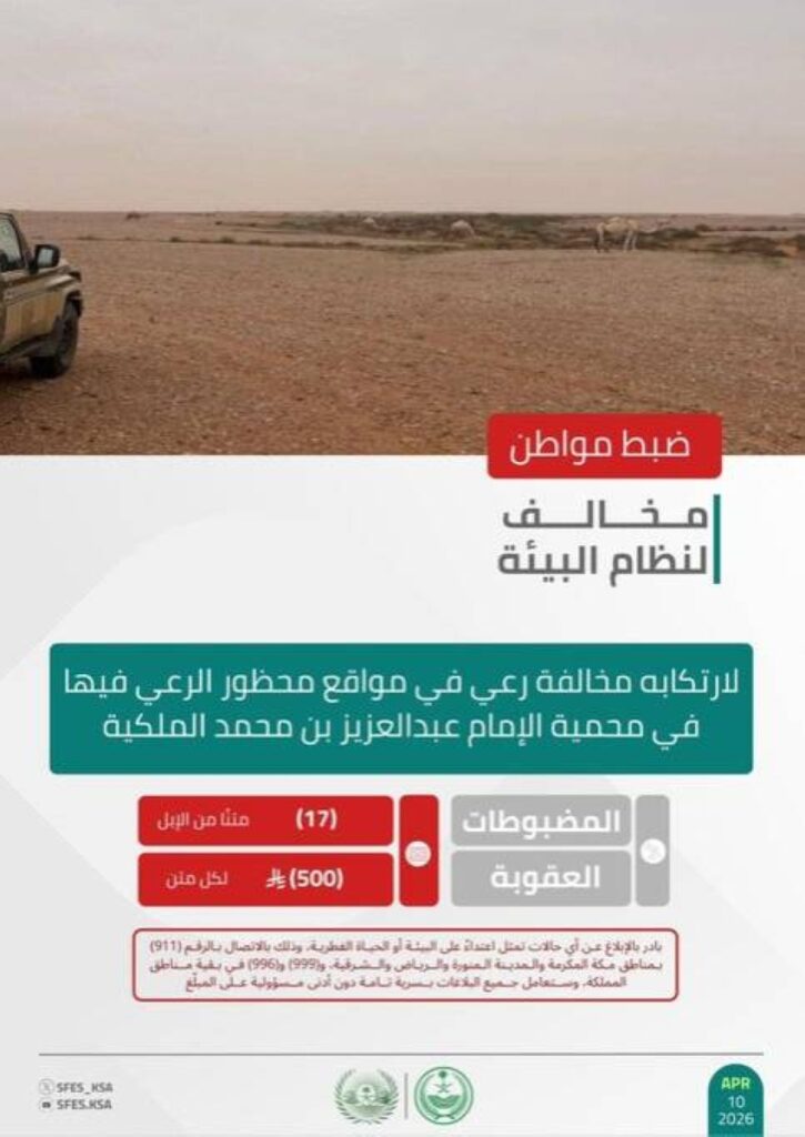 الأمن البيئي يضبط مواطنًا لارتكابه مخالفة رعي في مواقع محظور الرعي فيها