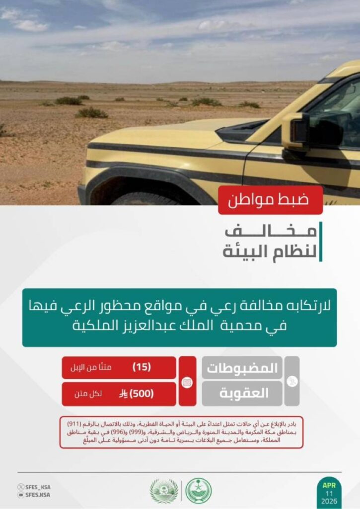 الأمن البيئي يضبط مواطنًا لارتكابه مخالفة رعي في محمية الملك عبدالعزيز الملكية