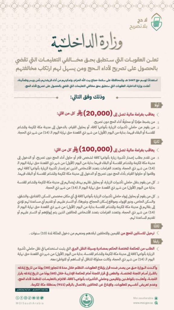 20 ألف ريال غرامة لأداء الحج دون تصريح