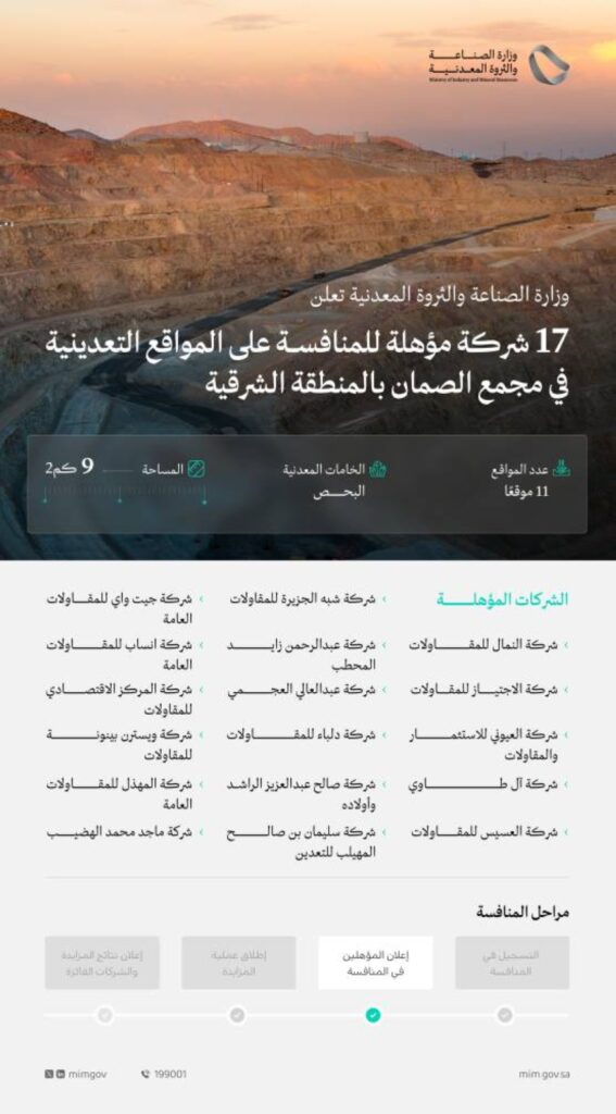 تأهيل 17 شركة للمنافسة على 11 موقعًا تعدينيًّا