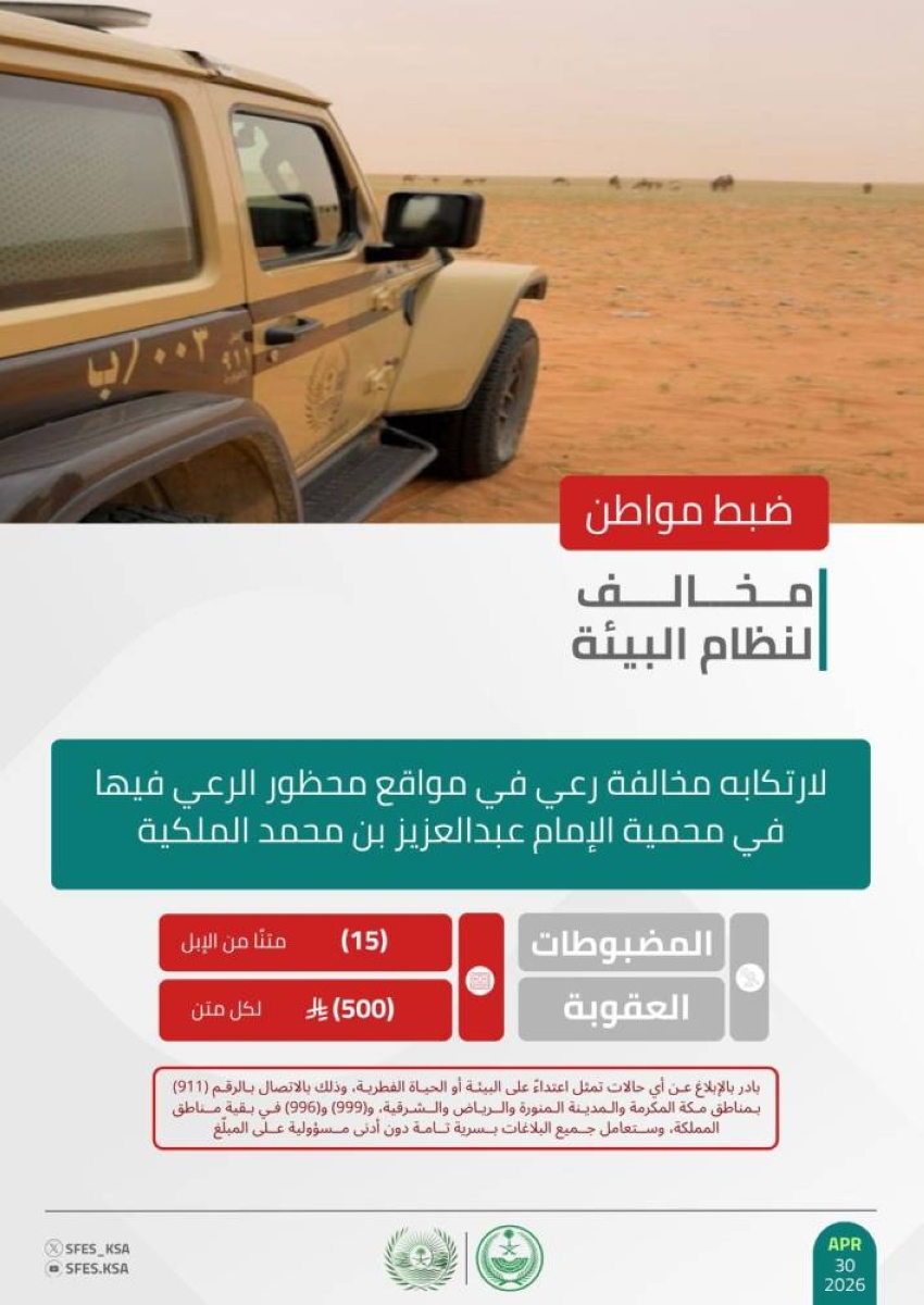 الأمن-البيئي-يضبط-مخالفًا-لارتكابه-مخالفة-رعي-في-محمية-الإمام-عبدالعزيز
