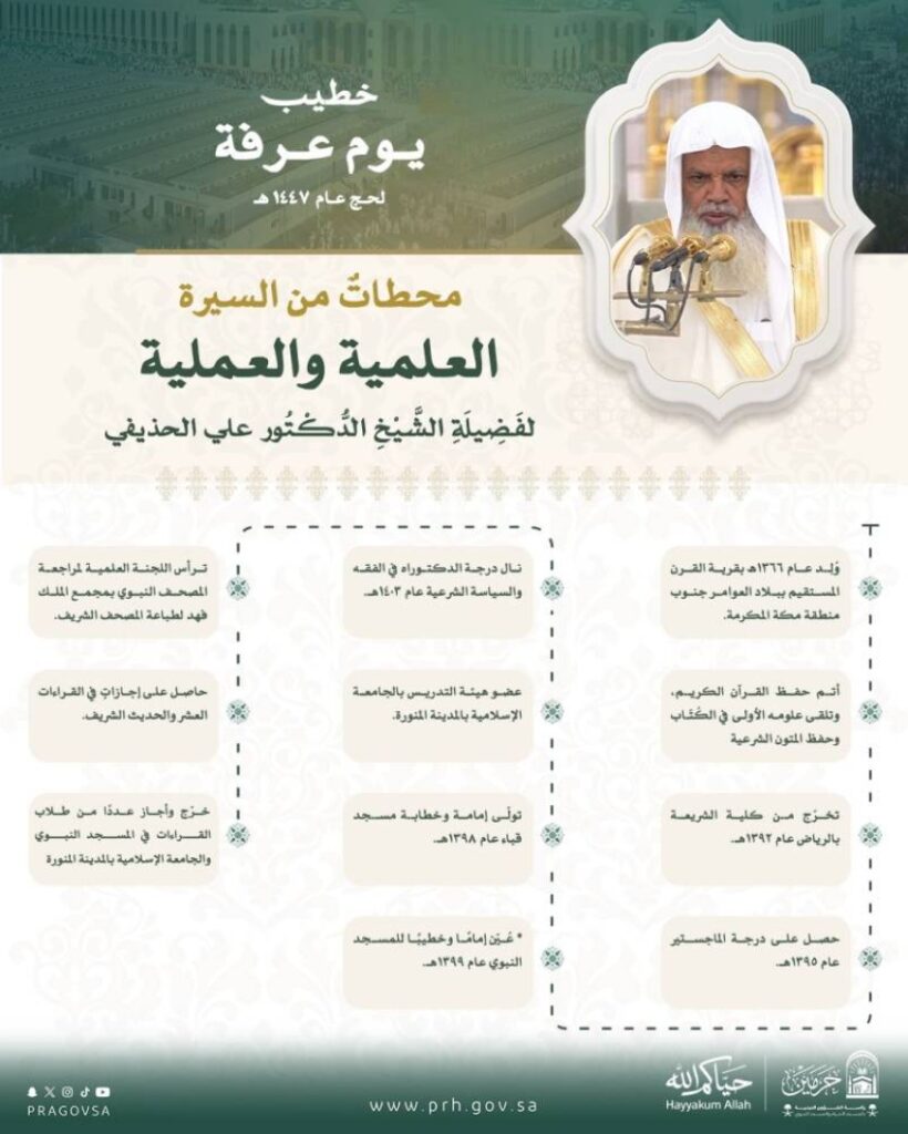 الشؤون الدينية تبرز المحطات العلمية والعملية لخطيب يوم عرفة الشيخ علي الحذيفي