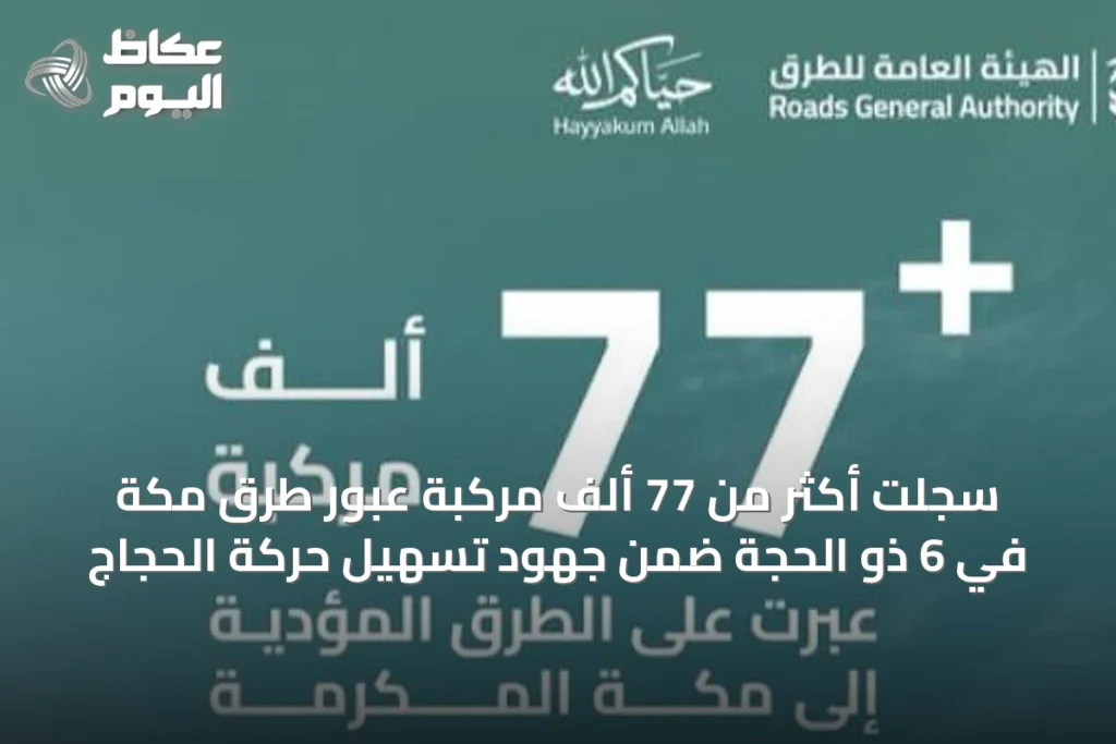 سجلت أكثر من 77 ألف مركبة عبور طرق مكة في 6 ذو الحجة ضمن جهود تسهيل حركة الحجاج