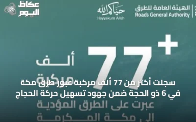 سجلت أكثر من 77 ألف مركبة عبور طرق مكة في 6 ذو الحجة ضمن جهود تسهيل حركة الحجاج