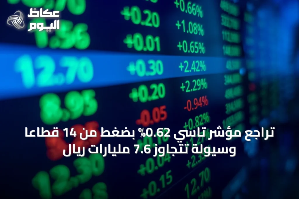 تراجع مؤشر تاسي 0.62% بضغط من 14 قطاعاً وسيولة تتجاوز 7.6 مليارات ريال