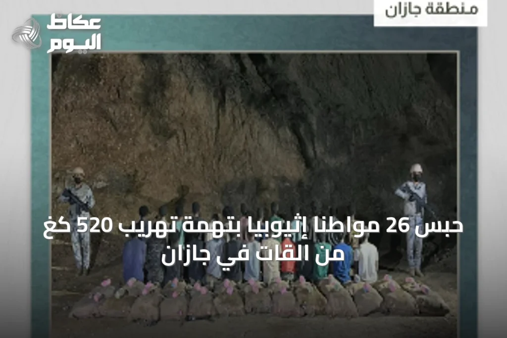 حبس 26 مواطنًا إثيوبيًا بتهمة تهريب 520 كغ من القات في جازان